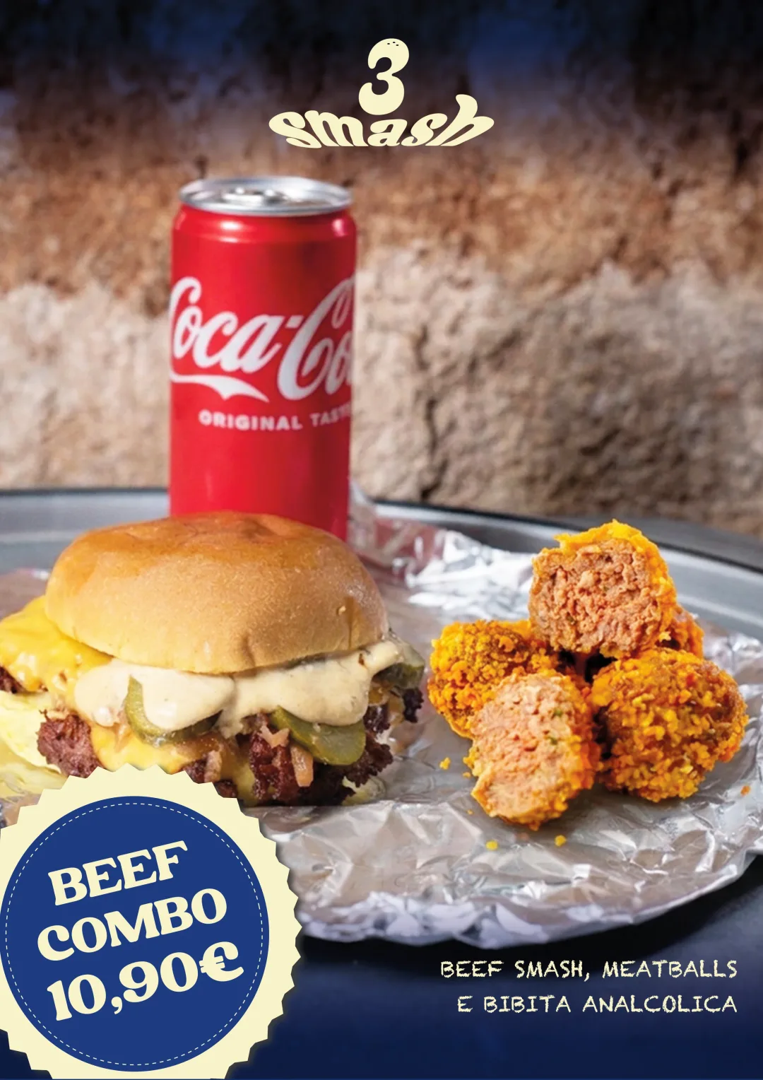 Beef Combo — Beef Smash, meatballs e bibita analcolica Beef Combo — Beef Smash, meatballs e bibita analcolica